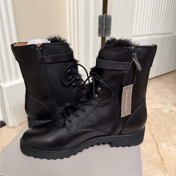 Franco Sarto Black Fur Trim Combat Boots - Picture 3 of 5